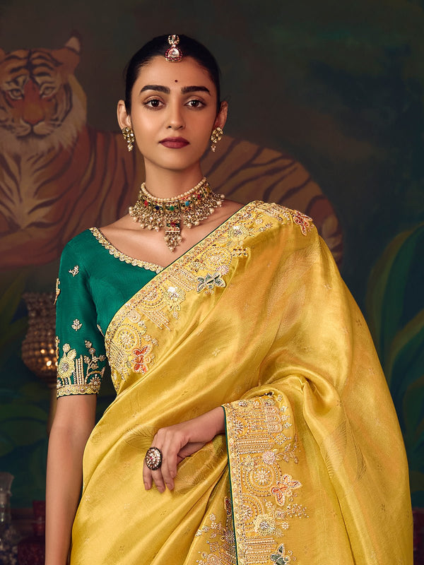 Sunshine Yellow Designer Organza Silk Saree with Contrast Blouse