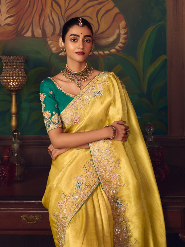 Sunshine Yellow Designer Organza Silk Saree with Contrast Blouse