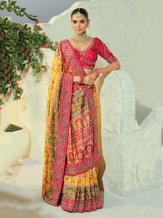 Sunshine Yellow Patola Silk Saree With Contrast Blouse