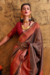 Sweet Maroon And Brown Woven Kanjivaram Handloom Silk Saree