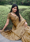 Tan Beige And Coffee Brown Embroidered Designer Tissue Silk Saree