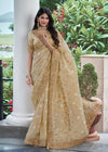 Tan Beige Embroidered Designer Tissue Silk Saree