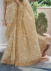 Tan Beige Embroidered Designer Tissue Silk Saree