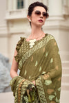 Tan Green Mul Mul Silk Saree