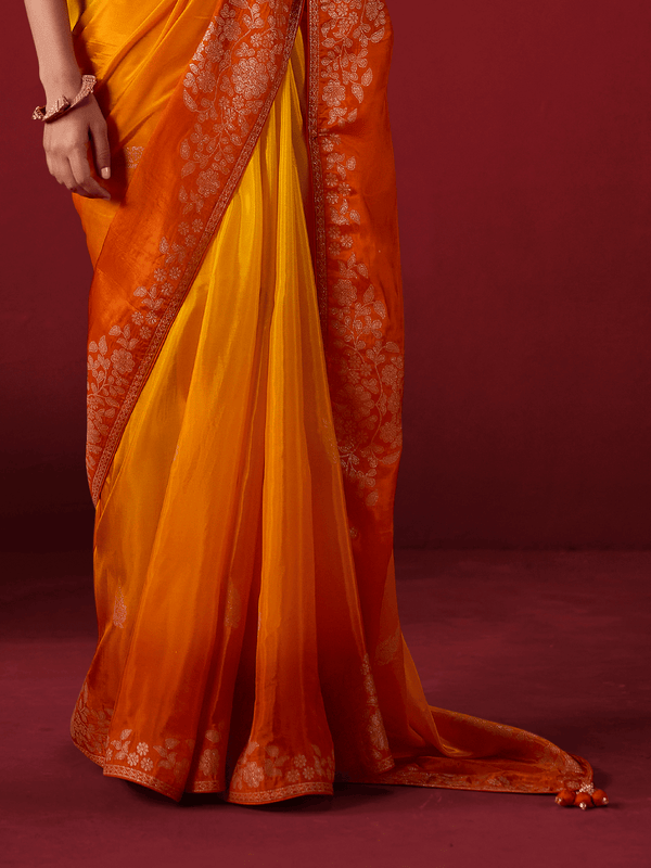 Tangerine Yellow Banarasi Dola Silk Saree With Contrast Blouse