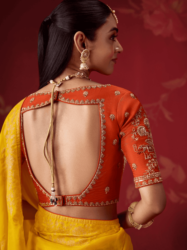 Tangerine Yellow Banarasi Dola Silk Saree With Contrast Blouse
