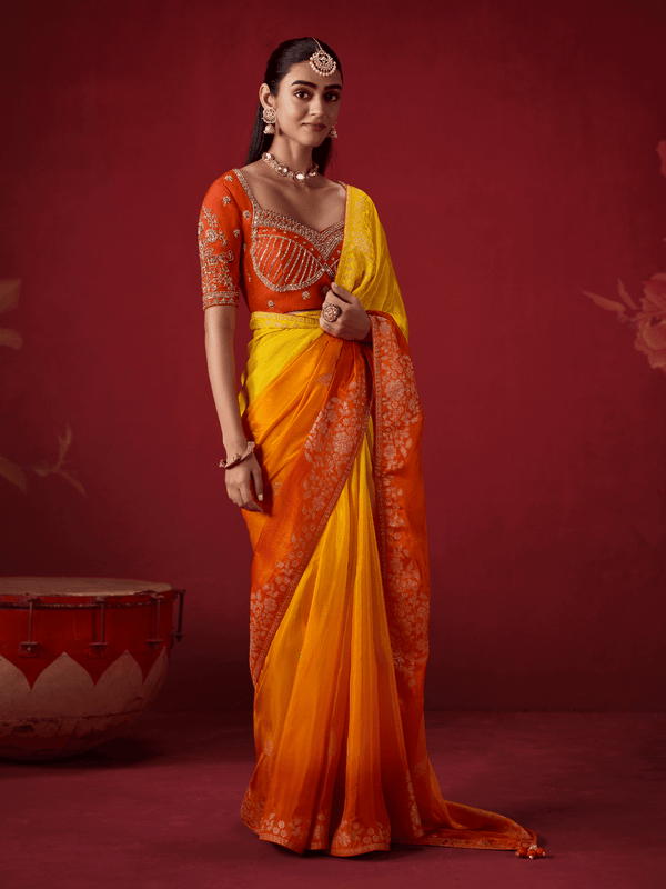 Tangerine Yellow Banarasi Dola Silk Saree With Contrast Blouse