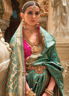 Teal Banarasi Silk Saree With Contrast Blouse