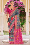 Teal Blue and Fuchsia Pink Patola Printed Silk Saree