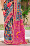 Teal Blue and Fuchsia Pink Patola Printed Silk Saree