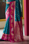 Teal Blue and Magenta Pink Banarasi Soft Silk Saree