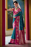 Teal Blue and Magenta Pink Banarasi Soft Silk Saree