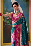 Teal Blue and Magenta Pink Banarasi Soft Silk Saree