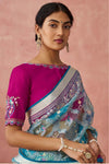 Teal Blue and Pink Brasso Organza Printed Saree