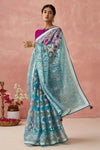 Teal Blue and Pink Brasso Organza Printed Saree