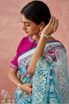 Teal Blue and Pink Brasso Organza Printed Saree