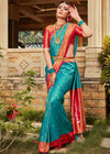 Teal Blue and Red Woven Kanjivaram Silk Saree