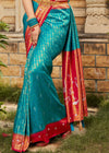 Teal Blue and Red Woven Kanjivaram Silk Saree