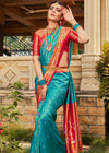 Teal Blue and Red Woven Kanjivaram Silk Saree