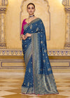 Teal Blue Banarasi Crepe Silk Saree with Magenta Contrast Blouse