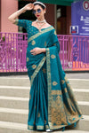 Teal Blue Banarasi Handloom Satin Saree