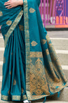 Teal Blue Banarasi Handloom Satin Saree