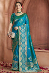 Teal Blue Banarasi Saree With Zari Woven Motifs