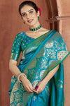 Teal Blue Banarasi Saree With Zari Woven Motifs