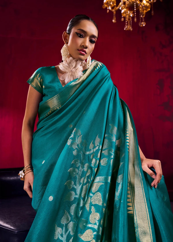 Teal Blue Banarasi Satin Silk Saree
