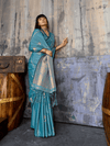 Teal Blue Banarasi Satin Silk Saree