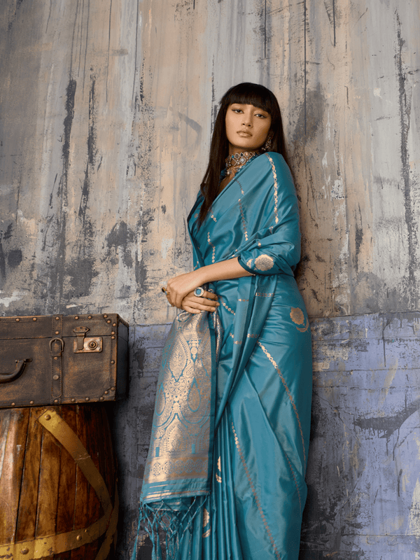 Teal Blue Banarasi Satin Silk Saree