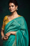 Teal Blue Designer Organza Saree with Embroidery Border