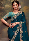 Teal Blue Designer Organza Silk Saree With Contrast Blouse