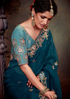 Teal Blue Designer Organza Silk Saree With Contrast Blouse