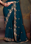 Teal Blue Designer Organza Silk Saree With Contrast Blouse