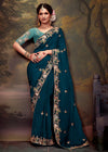 Teal Blue Designer Organza Silk Saree With Contrast Blouse