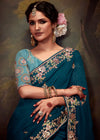 Teal Blue Designer Organza Silk Saree With Contrast Blouse