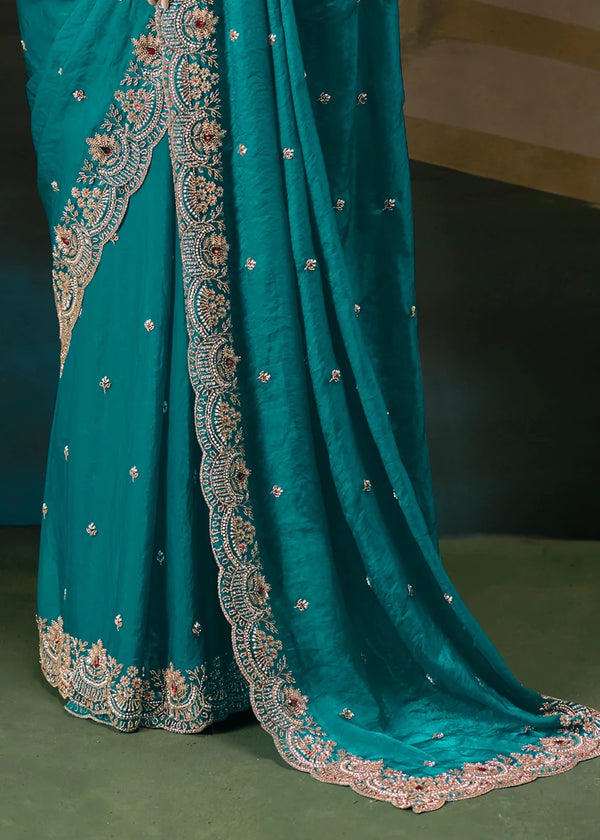 Teal Blue Designer Silk Saree with Heavy Embroidery Work