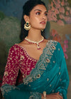 Teal Blue Designer Silk Saree with Heavy Embroidery Work
