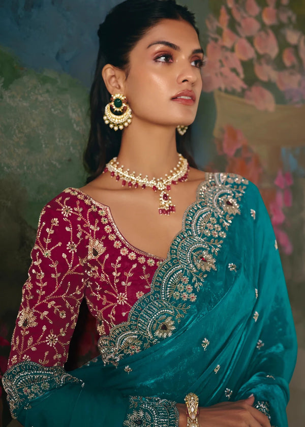 Teal Blue Designer Silk Saree with Heavy Embroidery Work