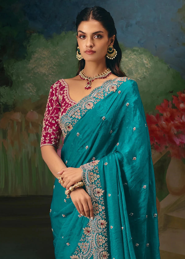 Teal Blue Designer Silk Saree with Heavy Embroidery Work