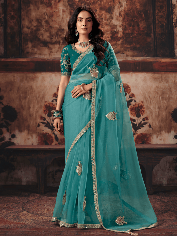Teal Blue Embroidered Designer Organza Silk Saree