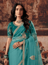 Teal Blue Embroidered Designer Organza Silk Saree