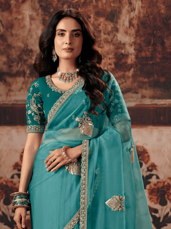 Teal Blue Embroidered Designer Organza Silk Saree
