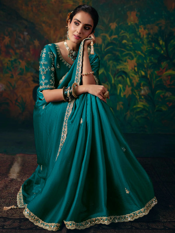 Teal Blue Embroidered Designer Satin Silk Saree