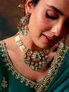 Teal Blue Embroidered Designer Satin Silk Saree, blouse close-up