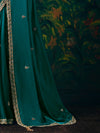 Teal Blue Embroidered Designer Satin Silk Saree, pallu detail