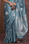 Teal Blue Satin Banarasi Saree