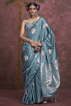 Teal Blue Satin Banarasi Saree