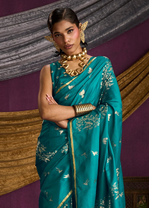Teal Blue Satin Silk Saree